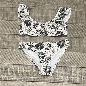 Zara Black and White Ruffled Bikini with Tropical Print